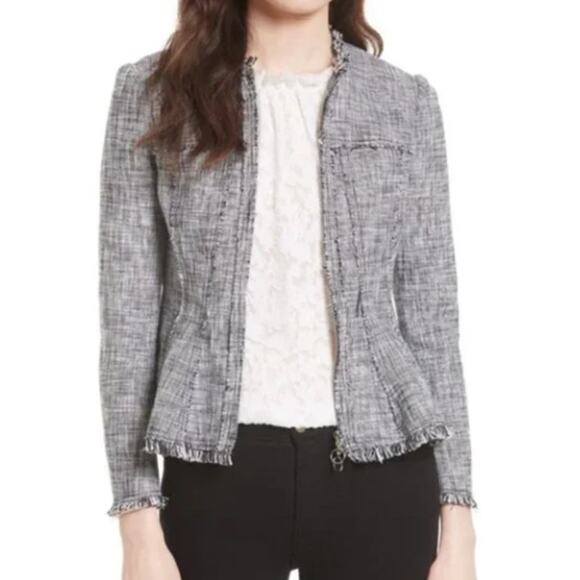 Rebecca Taylor Tweed Fringe Trim Peplum Blazer Raw Edge Trim Collarless Jacket - Picture 13 of 13
